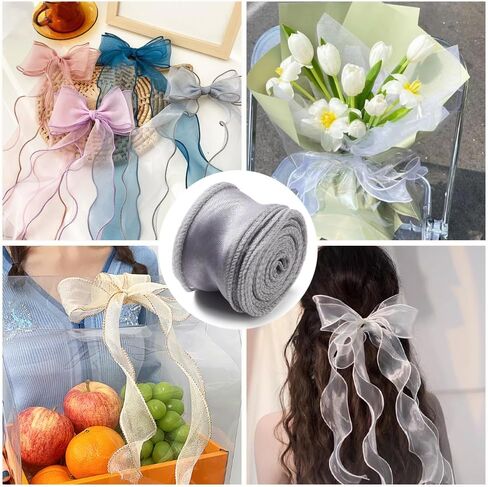 About 10 Yards 1.5 Inch Iridescent Organza Ribbon Transparent Fishtail Wired Ribbon White Sheer Mesh Glitter Yarn Ribbons Bulk for Sewing Making Craft Bouquet Gift Wrapping Decor DIY Supply in Kuwait