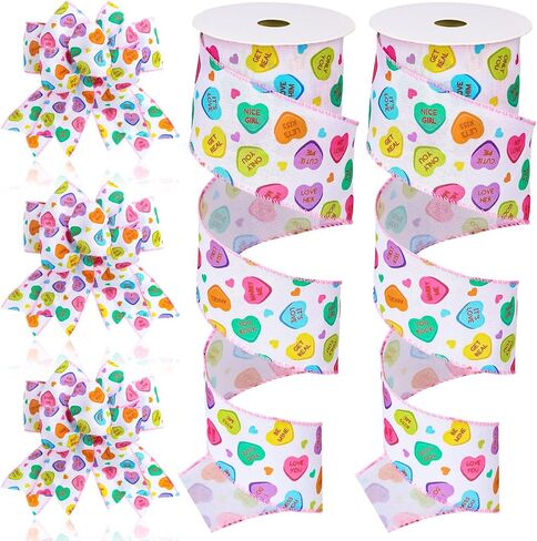 2 Roll Valentine's Day Conversation Heart Wired Edge Ribbon 2.5 Inch White Craft Ribbon Candy Heart Fabric Ribbon for Bow Wreath Gift Wrap Home Decor, 20 Yards in Saudi Arabia