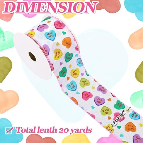 2 Roll Valentine's Day Conversation Heart Wired Edge Ribbon 2.5 Inch White Craft Ribbon Candy Heart Fabric Ribbon for Bow Wreath Gift Wrap Home Decor, 20 Yards in Saudi Arabia