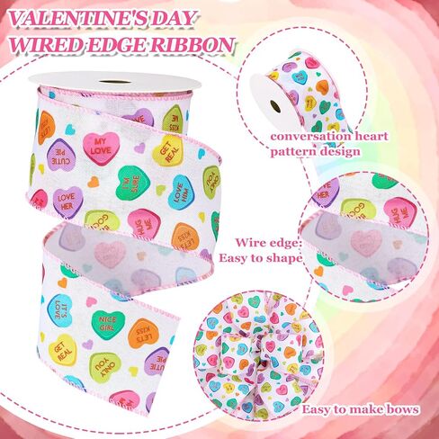 2 Roll Valentine's Day Conversation Heart Wired Edge Ribbon 2.5 Inch White Craft Ribbon Candy Heart Fabric Ribbon for Bow Wreath Gift Wrap Home Decor, 20 Yards in Saudi Arabia