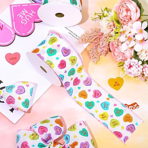 2 Roll Valentine's Day Conversation Heart Wired Edge Ribbon 2.5 Inch White Craft Ribbon Candy Heart Fabric Ribbon for Bow Wreath Gift Wrap Home Decor, 20 Yards in Saudi Arabia