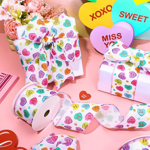 2 Roll Valentine's Day Conversation Heart Wired Edge Ribbon 2.5 Inch White Craft Ribbon Candy Heart Fabric Ribbon for Bow Wreath Gift Wrap Home Decor, 20 Yards in Saudi Arabia