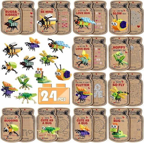 Valentines Day Cards for Kids - 24 Packs Insect Building Blocks with Valentines Day Cards, Valentines Gifts for School, Classroom Exchanges Gifts, Funny Party Favors for Kids, Boys, Girls in Saudi Arabia