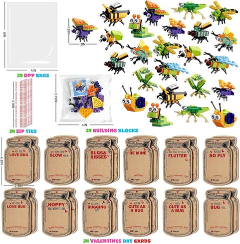 Valentines Day Cards for Kids - 24 Packs Insect Building Blocks with Valentines Day Cards, Valentines Gifts for School, Classroom Exchanges Gifts, Funny Party Favors for Kids, Boys, Girls in Saudi Arabia