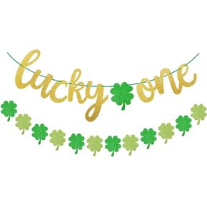 Yaaaaasss! St Patrick's Day Lucky One Banner with Lucky Four Leaf Clover Shamrock Garland for First Birthday Party Supplies Glitter Green Baby Shower Decorations
