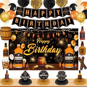 Whiskey Birthday Decorations for Men Aged to Perfection Birthday Decorations Whiskey Bday Banner Gold and Black Balloons Whiskey Honeycomb Centerpiece for 30th 40th 50th 60th 70th 80th Bday Decorations
