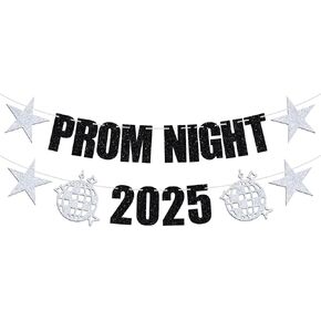 Prom Night 2025 Banner, High School College Prom Sign Photo Props, Class of 2025 Prom/Graduation Party Decorations Supplies, Black Glitter