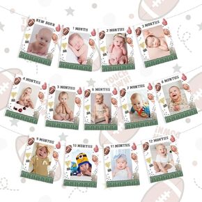 JOYMEMO Football 1st Birthday Photo Banner for Boys, Monthly Football Party Decor, Football First Birthday Baby Photo Banner for Newborn 1 to 12 Months, Sports Theme Party Supplies