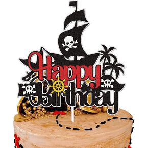 Pirate Ship Happy Birthday Cake Topper Black Glitter Nautical Sail Ship Cake Decor Treasure Sea of Thieves Pirate Themed Birthday Party Decorations for Kids Boys Men