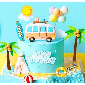 JeVenis 8 PCS The Big One Surf Cake Decoration Beach Wave Cake Topper Surf Up Sign Birthday Party Supplies