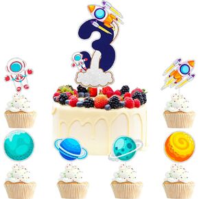 7 Pcs Outer Space Cake Toppers Set Universe Theme Kids 4th Birthday Happy, astronaut birthday party or planet theme party spaceship rocket decoration that both boys and girls will love. LIANGSS