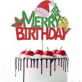 Merry Birthday Cake Topper,New Year Christmas Holiday Party Supplies,Red & Green Glitter Christmas Cake Decorations，Winter Holiday Cake Picks-Christmas Birthday Party Supplies(Birthday 2)