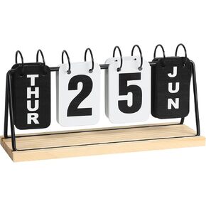 Metal Desk Calendar Standing Flip with Wooden Base, Daily Perpetual Flip Calendar with Large Display, Modern Farmhouse Desktop Calendar for Home Office Decor, Reusable and Foldable