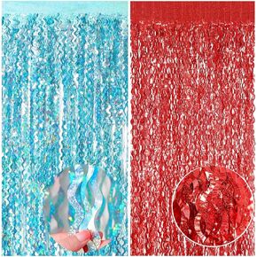 Qian's Party Cat in The Hat Birthday Decorations/Thing 1 and Thing 2 Party Decorations/Red Blue Wavy Fringe Foil Curtains Backdrop