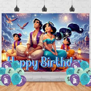 Princess Party Supplies5x3FT,Princess Jasmine Backdrop,Cartoon Aladdin Theme Happy Birthday Party Banner for Boys and Girls Princess Party Decoration