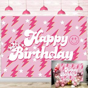 Preppy Backdrop Banner for Happy Birthday 7x5FT Lightning Bolt Hot Pink Birthday Photography Background for Girls Women Large Preppy Birthday Sign Y2k Party Decorations Supplies (2.1 x 1.5m)