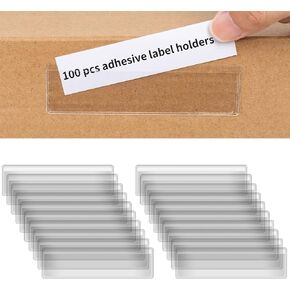 100 PCS 4 x 1 Inch Label Holders Adhesive Label Pockets, Self Adhesive Label Holders Clear Plastic Label Pockets, Clear Shelf Tag Storage Bin Labels for Supermarket Bookshelf, Mailbox, and Business