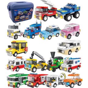 City Series 16 Packs in 1 Building Block 1230 PCS STEM Toy Fire Engine Train Towing Cart Engineering Vehicle Mini Taxi Bus School Bus Truck Business Purpose Vehicle Ambulance for Boy Girl