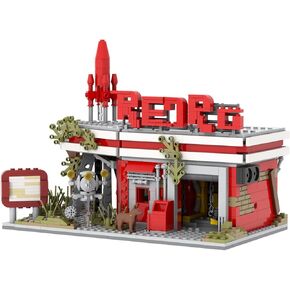 Classic Game Red Rocket Gas Station Building Set,Role Playing Game Block Kit,Halloween Christmas Toy Gifts for Boys and Girls(880pcs)