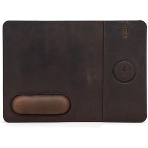 Hiram Premium Crazy Horse Leather Mouse Pad with 15W Wireless Charging - Ergonomic Wrist Rest, Waterproof, and High-End Cowhide Touch(12in x 9in)