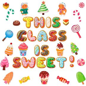 WaaHome Candyland Christmas Classroom Decorations Set 41pcs Donut Ice Cream Gingerbread Man Cutouts This Class is Sweet Christmas Bulletin Board Borders Decorations for Classroom Wall Party Decor