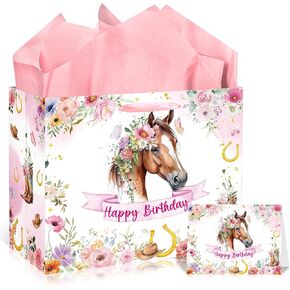 EoBeCy Horse Birthday Gift Bags for Girls: Pink Happy Birthday Gift Bag with Tissue Paper and Greeting Card, Western Cowgirl Wrapping Paper for Bithday Party Supplies