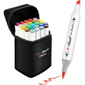 Alcohol Markers Brush Tip, Double Tipped Art Marker Set for Artist Adults Coloring Sketching Drawing Alcohol Based Ink, Brush Chisel Dual Tips,24 Colors w/ 1 Blender and Case (24)