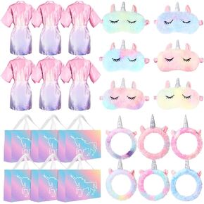 6 Sets Unicorn Spa Party Supplies for Girls Include Spa Satin Robe Headband Eye Mask Handbag Spa Sleepover Party Favors