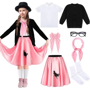 Patelai 7 Pcs Poodle Skirt Girl 50s Sock Hop Costume Kid 1950s Dress Outfit Accessory 100 Days of School Party Cosplay