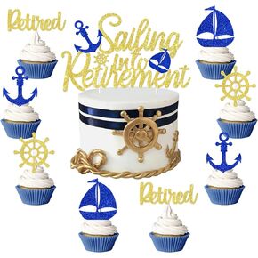 Sailing into Retirement Cake Topper Nautical Retirement Cupcake Toppers Navy Anchor Cake Decorations Nautical Happy Retirement Decor Sailor Birthday Party Decor for Sailor Men Officially Retired Party