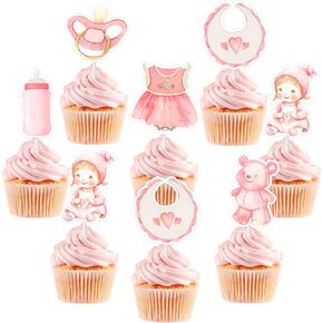 24pcs Baby Doll Cupcake Topper Baby Girl Baby Shower Party Decoration Pink Bear Doll Bib Pacifier Baby Bottle Cake Decoration for Girl Baby Doll Baby Shower Birthday Party Decoration