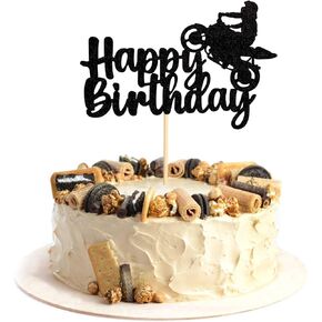 Motorcycle Happy Birthday Cake Topper Glitter Black Motorcycle Decorations for Motorcycle Racing Birthday Party Boy's& Man's Birthday Party