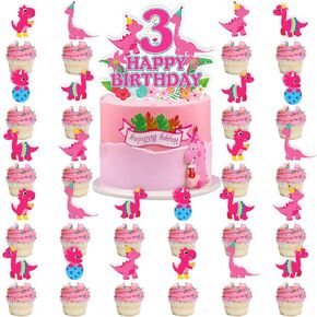 25pcs Pink Dinosaur 3rd Birthday Party Supplies, Dinosaur Cupcake Picks Decorations, Pink Dinosaur Theme Happy Birthday Baby Shower Kids Girl Cupcake Toppers Decoration (3rd)