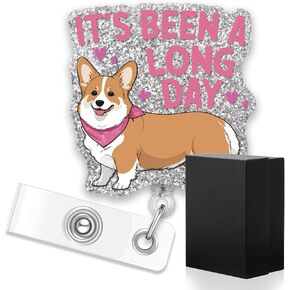 ERHACHAIJIA It's Been A Long Day Retractable Glitter Badge Reel with Clip, Funny Puppy Badge Holder Gifts for Corgi Lover Dog Lover Doctor RN CNA ICU Nurse, Nurse Week Gifts for New Nurse Head Nurse