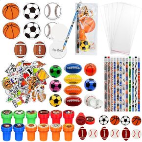 122 Pcs Sports Party Favors Bulk,Goodie Bags Stuffers,Sports Pencil Sharpener Erasers Sticky Note Stamps,Class Prize Game Team Pinata Treat Bags Gift,Ball Birthday Party Supplies for Boys
