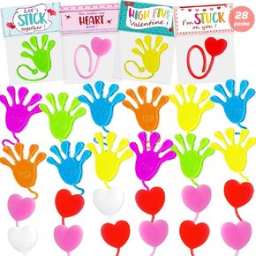 28Pack Valentines Day Gifts for Kids Classroom - Sticky Hands & Hearts with Valentines Day Cards for Kids School Exchange Fidget Toys Toddler Valentines Party Favors Class Prizes Goodie Bags Stuffers