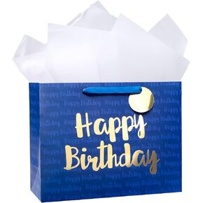 Loveinside Navy Blue Birthday Gift Bag with Tissue Paper for Birthday, Baby Shower, Party, and More - 13" x 5" x 10", 1 Pcs
