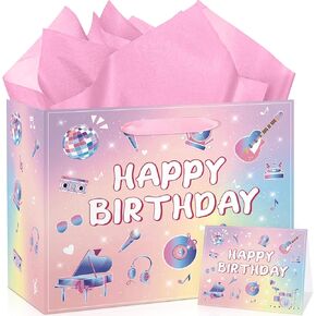 Popular Music Birthday Gift Bag Large Pink Singer Happy Birthday Wrapping Bag with Greeting Card and Tissue Paper Decorations for Kids Adult Music Lover Disco Celebration Party Wrap Bag Favor Supplies
