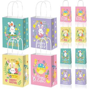 DECEED 12 Pcs Easter Egg Hunt Bags 6.3"×8.3" Colorful Gift Bags Easter Paper Bag with Handle Bunny Egg Tote Bag Basket for Gifts Wrapping Egg Hunt Game