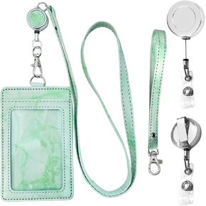 Marble Badge Holder with Retractable Badge Reel Carabiner Clip and PU Leather Lanyard Strap, Credit ID Card Protector for Nurse Teacher Student Workerr (Green)
