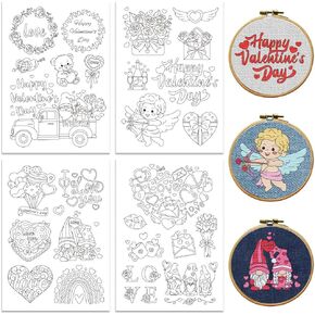 peacoblue Water Soluble Embroidery Patterns for Beginners, Valentine's Day Elements 4 Sheets with 27pcs, Wash Away Embroidery Pattern Stabilizer for Hand Sewing Lover Couple Women Adults