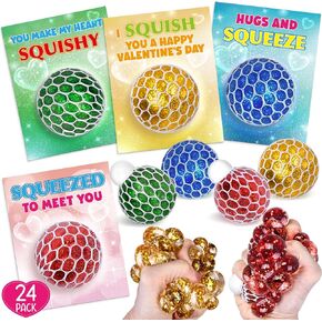 Valentines Day Cards for Kids School Classroom, 24 Stretch Squeeze Balls Fidget Toys with Valentines Cards, Valentines Cards Gifts for Kids School Classroom Exchange, Valentine Party Favors for Kids