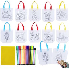 65 Pack Graffiti Goodie Bags for Kids Birthday Party Favors Art Class, Color Your Own Tote Bag,Eco Reusable Coloring Carnival Animal Art Party Goodie Bags(40 Bags +24 Color pens + pad)