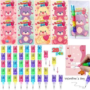 AMENON Valentines Day Gifts for Kids Classroom 28 Pack Cute 5 in 1 Stacking Bear Valentine Pencils with Valentines Cards for Kid Class School Gift Exchange Valentines Goodie Bags Stuffers Party Favors