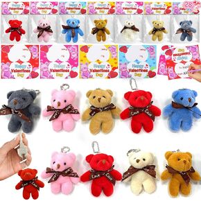 28 Pack Prefilled Bear Stuffed Toys with 7 Colors Plush Animals Keychain Toys Decoration Valentines Cards for Kids Valentines Day Classroom Gifts Exchange Prizes Party Favor