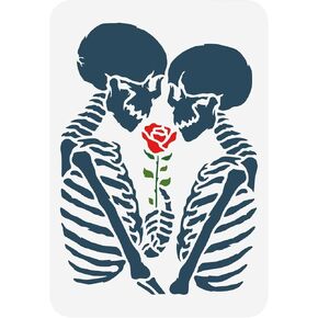 إصبع جمجمة الجمجمة stencil 8.3x11.7inch قابلة لإعادة الاستخدام القوطية القوطية الاستنسل ديي هيكل عظمي مع قالب روز وردة أجواء مرعبة للطلاء على الخشب والجدار والأثاث