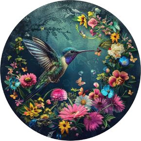 Wooden Puzzles for Adults, Hummingbird Jigsaw Puzzles 500 Pieces, Unique Shaped Round Flower Puzzles for Adults and Kids, Family Game 16.7 x 16.7 Inch