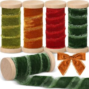 Preboun 4 Rolls 12 ياردة شريط مخملي للهدية غلاف الخشبية الخشبية الشريط الحرير 1 بوصة الشريط الهامش المصنوع يدويًا حافة خام متوترة لزخارف عيد الميلاد DIY (لون مختلط) in Kuwait