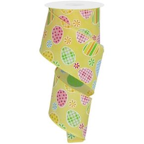 Patterned Easter Eggs & Daisies Wired Edge Ribbon - 2.5" x 10 Yards (Soft Yellow)