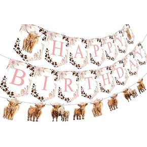 Highland Cow Birthday Decorations Girl - Highland Cow Happy Birthday Banner, Garland, Boho Retro Floral Highland Cattle Holy Cow Farm Animal Birthday Party Decorations